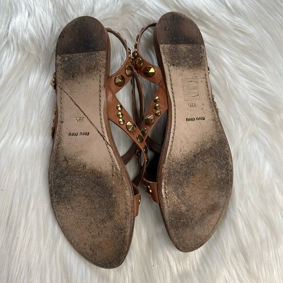 Miu Miu Brown Gold Studded Leather Sandals - Picture 7 of 9